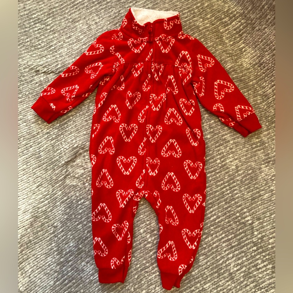Carter’s 9M Red Candy Cane Heart Fleece Holiday Pajamas Sherpa Collar
